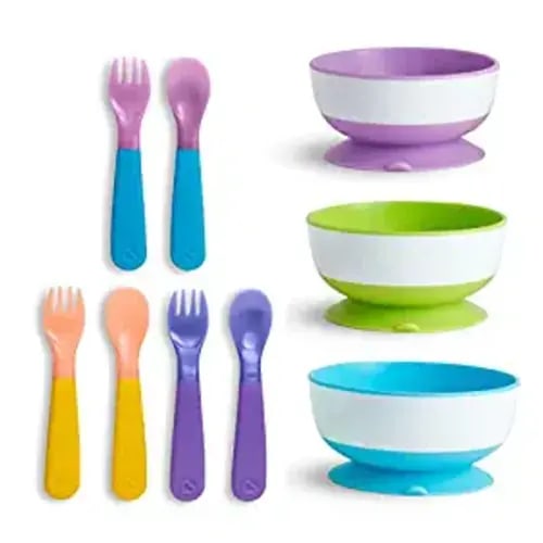 Munchkin® 3pk Stay Put™ Suction Bowls and 6pk Color Changing Forks and Spoons - 6pk Utensils + 3pk Suction Bowls