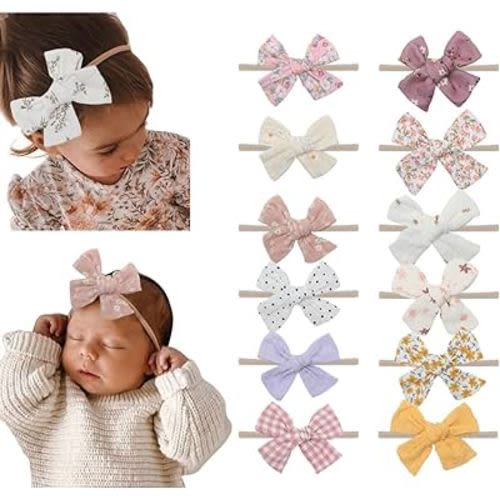 Baby Girls Floral Hair Bow Headbands 12 PCS, Flower Bow Stretchy Elastic Hairband for Newborn Infant Toddlers (pink NB 12 pcs)