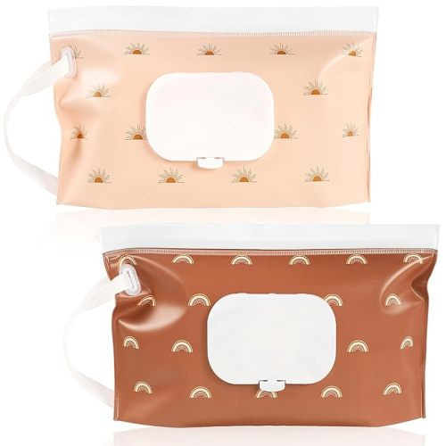 FEBSNOW 2 Pack Baby Wipes Dispenser, Portable Refillable Wipe Holder Baby Wipes Container Travel Wipes Case Reusable Boho Wet Wipes Pouch - Brown
