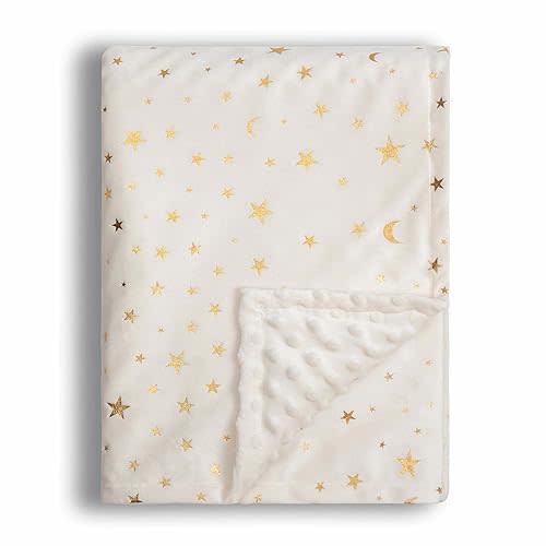 Donsonny Baby Blanket for Boys Girls Soft Minky with Double Layer Dotted Backing, Star and Moon Printed 30 x 40 Inch Receiving Blanket (Beige)