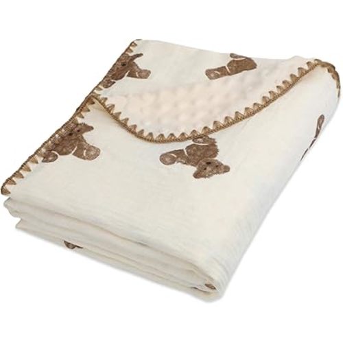 Baby Soft Double Muslin Thick Blanket Dotted Backing Cotton 40X55in Minky Blanket for Crib, Stroller, Travel, Decorative Shower Gifts Baby Essentials Girl&Boy (Teddy Bear)