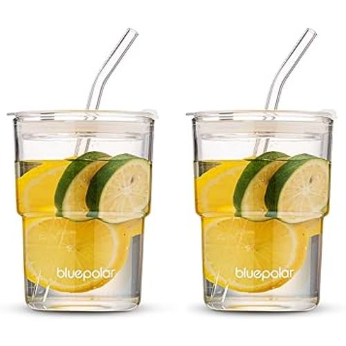 13oz/400ml Glass Water Tumbler with Straw and Lid Sealed Carry On Thick Wall Iced Coffee Cup Glass Cup for Water, Iced Tea Fruit Juice Etc (Aurora White,2Pack…
