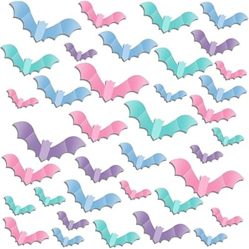 TaoBary 64 Pcs Pastel Halloween 3D Bats Wall Decor 4 Different Sizes Pastel Reusable PVC Scary Bat Stickers for Home Door Window Party Decorations
