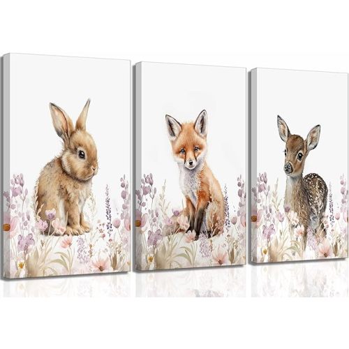 TOLAN 3 Pcs Safari Animals Nursery Canvas Wall Art Girl Animal Floral Woodland Watercolor Prints Pictures Wall Decor Rabbit Fox Deer Watercolor Poster Printing Artwork for Girls Room Home Decoration