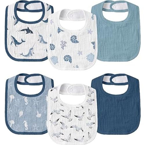 Muslin Baby Drool Bibs for Unisex Boys Girls, 6 Pack Soft Cotton Baby Bib for Teething Drooling, Essentials Shower Gift (6, Blue)