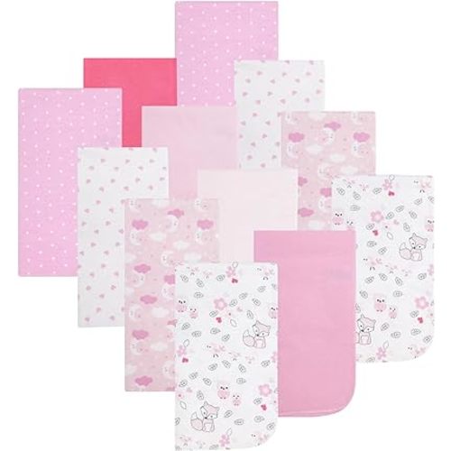 EVERYDAY KIDS 12 Pack Burp Cloths for Baby Girl; Newborn Essential with - Large Absorbent Cotton Flannel Pink Burping Cloths for Babies with Woodlands, Polka Dots and Hearts Prints and Solids
