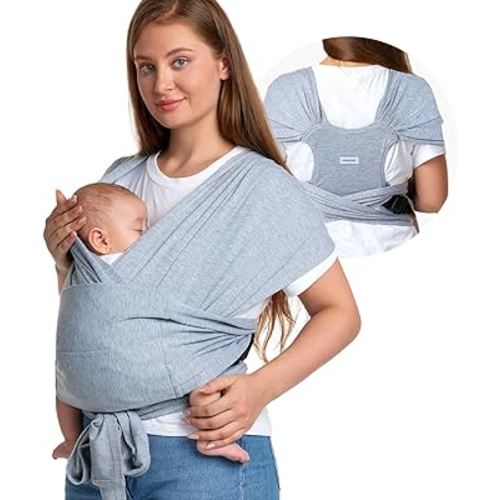 Momcozy Baby Wrap Carrier Skin-Friendly Fabric, Easy to Wear Baby Carrier Sling T-Shirt Design, Hands Free Baby Carriers Newborn to Toddler 8-35lbs, Adjustable Buckle Suit for Waist Waist 47-57, Grey