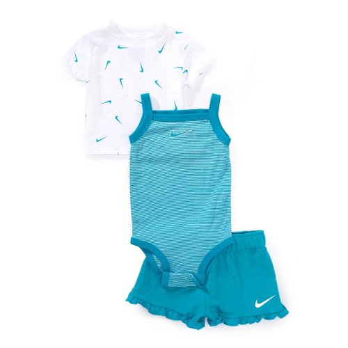 Nike Baby Girls Newborn-9 Months Stripe Bodysuit, Swoosh Print Short Sleeve T-Shirt, & Ruffle Shorts Set
