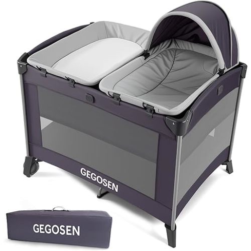 Portable Baby Playard 4 in 1 Design, Foldable Baby Playpen with Removable Bassinet, Canopy and Changing Table, Infant Playrad, Nursery Center Travel Crib+1