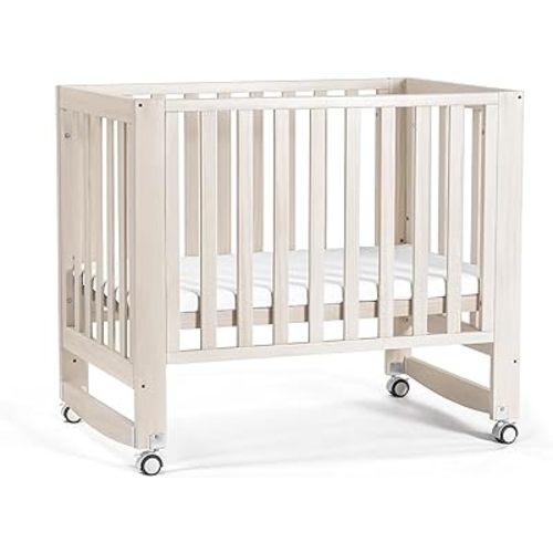 EvoNest Baby Crib, 6 in 1 Convertible Mini Crib with Wheels, 100% New Zealand Wood Growing Bed, 4 Adjustable Mattress Height, Washed Natural