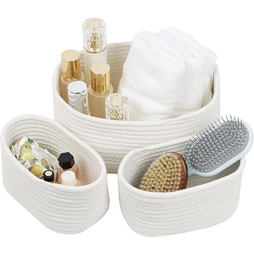 Small Baskets for Organizing, Set of 3 Cotton Rope Baskets for Shelves, Woven Baskets for Storage, Small Storage Baskets for Bathroom, Decorative Baby Shelf Baskets, Organizer Bins (White)