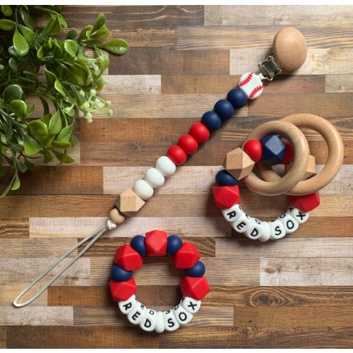 Boston Red Sox Toy Collection - Pacifier Clip - Rattle - Baby Red Sox Toy - Rattle - Red - Navy - Baseball - Baby Gift - Toy - Baby Shower