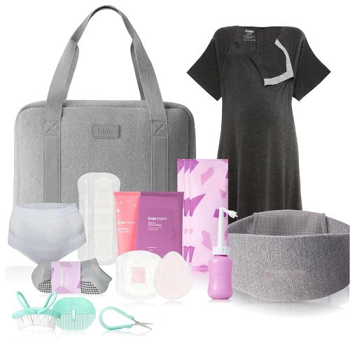 Frida Mom Pre-Packed Hospital & Diaper Bag Essentials, C-Section Delivery, Recovery, & Newborn Grooming Kit in One, Easy to Organize with Removable Toiletry Bags, & Suitcase Strap (30pc Gift Set)