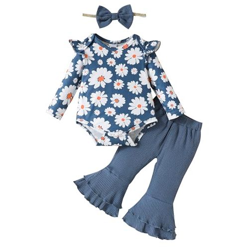 SUNNY PIGGY Baby Girl Clothes Ruffle Short Sleeve Romper Long Pants Set with Headband Newborn Infant Outfits
