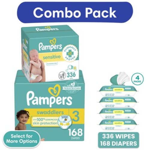 Pampers Swaddlers Diapers, Size 3, 168 Count and Pampers Sensitive Baby Wipes Unscented, 4 Pack, 336 Total Count