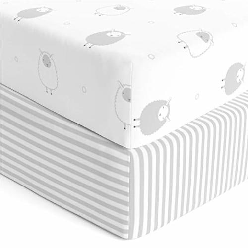 Cuddly Cubs Fitted Crib Sheets Set – 2 Pack – Jersey Cotton Crib Mattress Sheets for Baby Boy, Girl Crib – Grey Stripes, Sheep Toddler Bed Sheets – Fits on Standard 28 x 52" Crib and Toddler Mattress