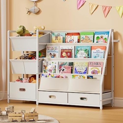 Kids Bookshelf and Toy Storage - Book Shelf for Kids Rooms, Toddler Bookshelves Baby Bookcase for Nursery, Montessori Toy Organizer, 6 Toy Bins for Kids Toy Storage