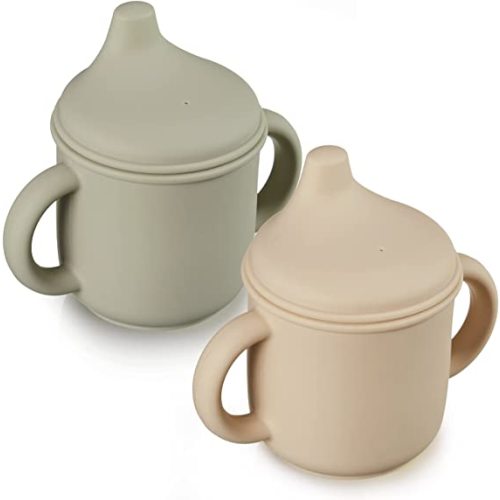 Potchen 2 Pieces Silicone Sippy Cup Training Cup for Baby 6 months+ Soft Baby Cup with Straw Spill Proof Sippy Cups for Toddlers with Handles and Spout Lid Easy Grip 5oz (Green, Khaki, Cute Style)