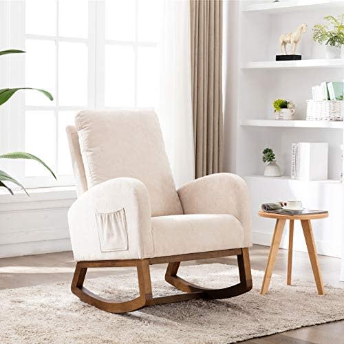 Dolonm Rocking Chair Mid-Century Modern Nursery Rocking Armchair Upholstered Tall Back Accent Glider Rocker for Living Room (Beige-Linen)
