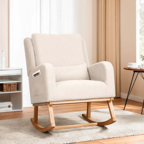 Modern Rocking Chair, Rocking Chair Nursery with 1 Lumbar Pillow and 2 Side Pockets, Soft Padded Nursery Rocking Chairs for Indoor Living Room Bedroom, Beige