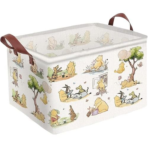 Greatingreat Winnie Baby Laundry Basket, Foldable Small Hamper with Canvas & PE Coating, Collapsible Portable Clothes Organizer for Nursery, Home, Bedroom Storage (White)