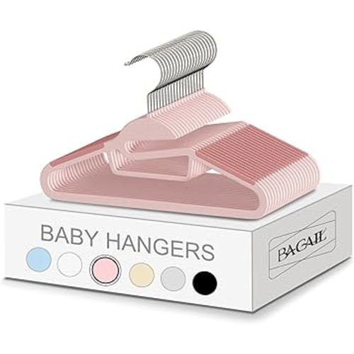 BAGAIL Kids Plastic Hangers S-Slide 50 Pack 12.6" Non-Slip Hangers 360° Swivel Hook Protect Collar Space Saving for Children Infant/Toddler Pants Coat-Baby Pink
