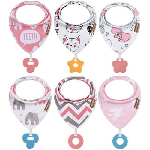 Baby Bandana Drool Bibs 6-Pack and Teething Toys 6-Pack Made with 100% Organic Cotton, Absorbent and Soft Unisex