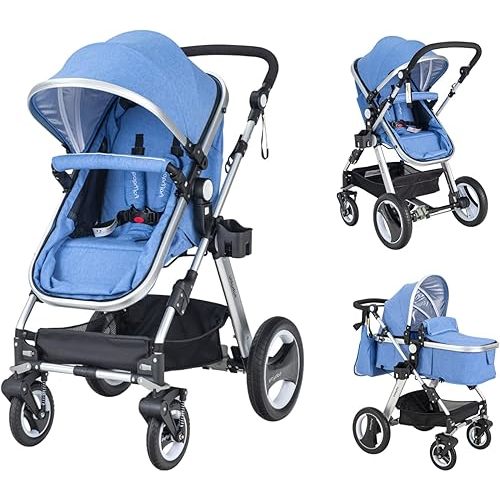 HONEY JOY Baby Stroller for Newborn, 2 in 1 High Landscape Infant Stroller & Convertible Bassinet Pram, Adjustable Backrest & Canopy, Cup Holder, Storage Basket, Foldable Pushchair w/Foot Cover (Blue)