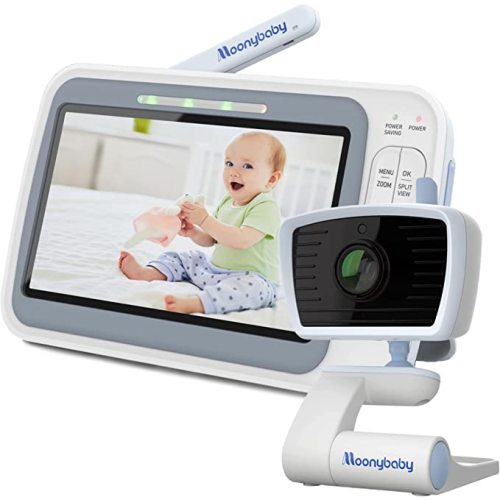 Moonybaby 5" HD A.N.R. (Auto Noise Reduce) Baby Monitor with Camera and Audio, Model: QuadView 30, No WiFi, 20 Days Battery Life in ECO Mode, Long Range, 2-Way Audio, Lullaby, Room Temperature Display