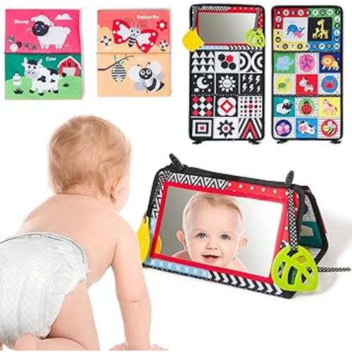 Baby Tummy Time Mirror- High Contrast Baby Toys with Crinkle Pages and Soft Baby Teether- Montessori Sensory Baby Toys for 0 1 2 3 4 5 6 Months
