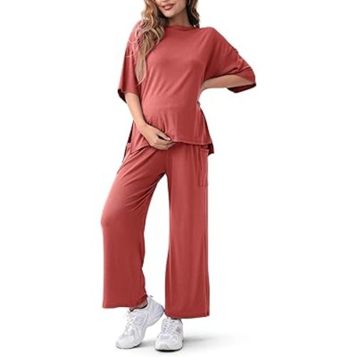 Maternity Lounge Set 2 Piece Outfits Matching Short Sleeve Top Adjustable Long Pants Pregnancy Summer Loungwear