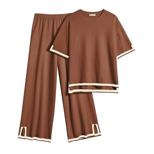 Ekouaer Lounge Set for Women Travel Outfits 2 Piece Sets Short Sleeve Sweater Top Wide Leg Long Pants Loungewear