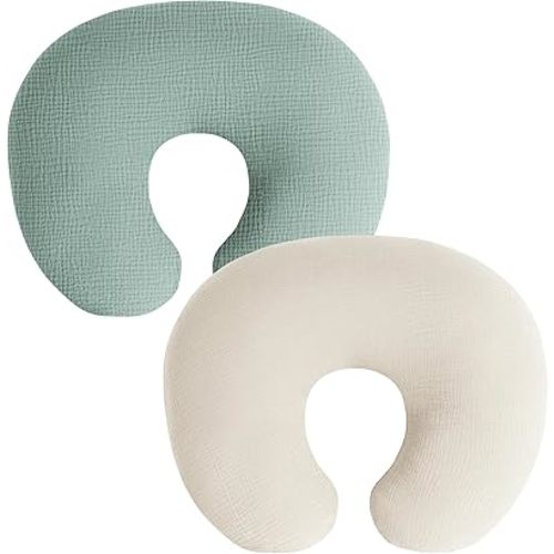 Muslin Nursing Pillow Covers, 2 Pack, Soft & Adorable Slipcovers with Zipper Closure, 100% Cotton Covers for Breastfeeding Pillows (Green)