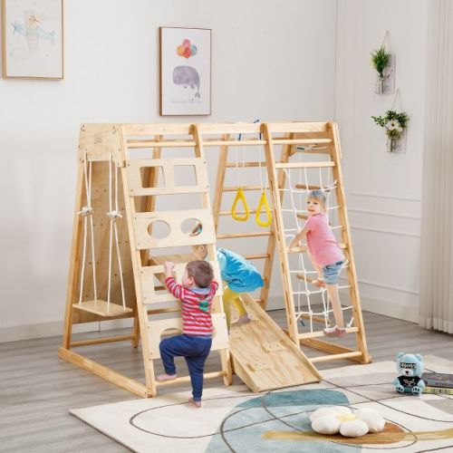 Toddler Indoor Wooden Gym 9 In 1 Indoor Playground Climbing Toy Set With Slide Swing Climbing Net Rings, Kids Indoor Playground Climbing Toys