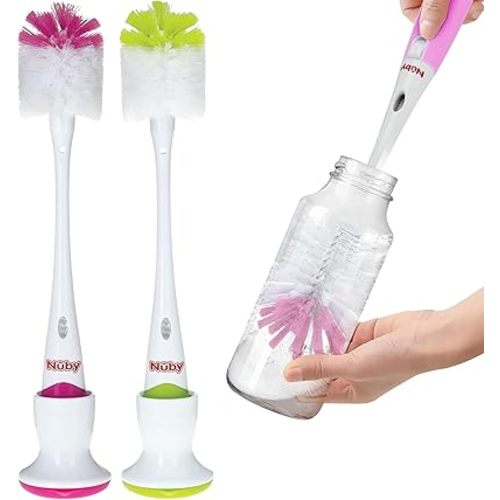 Nuby Bottle and Nipple Brush with Soft Bristles and Stand| 2 Pack: Pink & Lime Green| Bottle & Nipple Accessory Cleaning Brush with Drying Stand