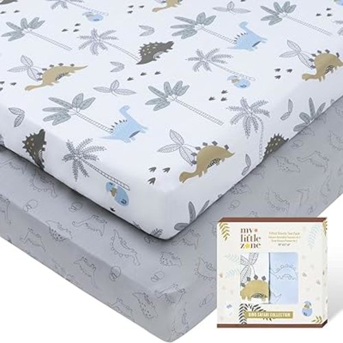 100% Cotton Crib Fitted Sheets for Baby Boys and Girls, Dinosaur - Breathable Toddler Bed Sheet Set - Dino Safari, 28x52 with 8" Deep Pocket, Grey-White, 2 Pack