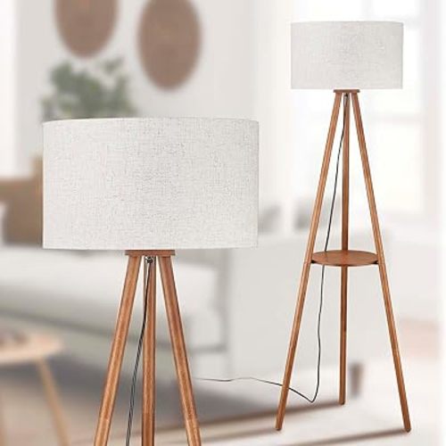 Wood Tripod Floor Lamp with 3 Color Temparature LED Bulb, Farmhouse Shelf Wooden Floor lamp Drum Shade for Living Room, Bedroom, Office, Footswitch,ETL Listed/Brown Wood Color