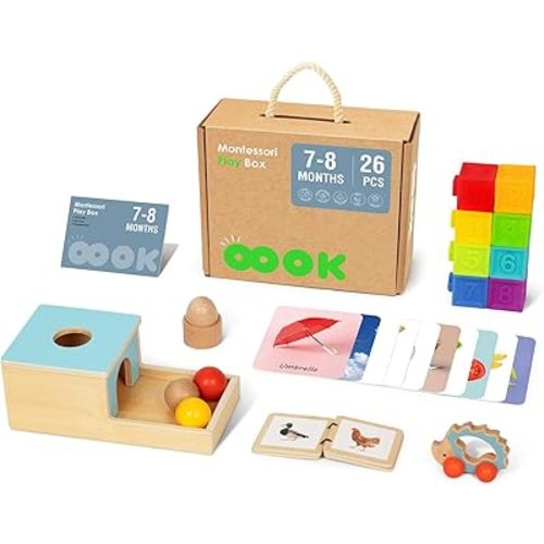 Montessori Baby Toys 6-12 Months, 7 in 1 Educational Toys for Toddlers Early Learning Present (Soft Building Blocks, Object Permanence Box, Rattle, Texture Cards, Wooden Egg, Wooden Book)