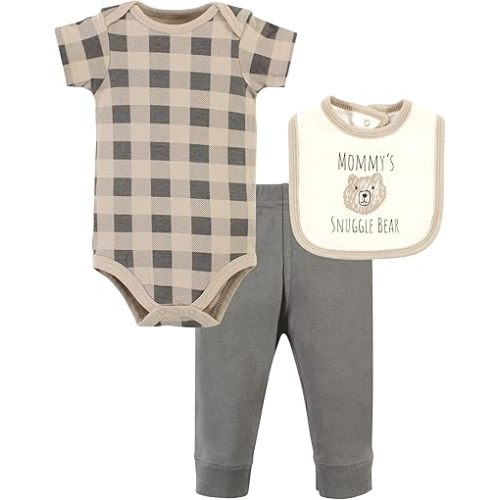 Hudson Baby Unisex Baby Cotton Bodysuit, Pant and Bib Set, Snuggle Bear, 0-3 Months