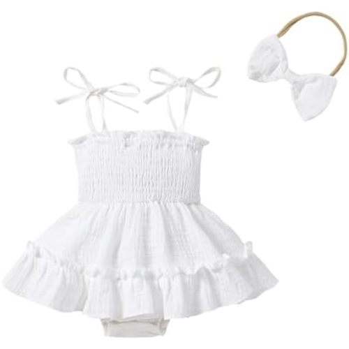 Baby Girls' Pink and White Smocked Romper Dress with Headband