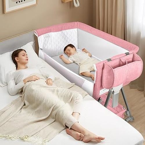 BIERUM Baby Bassinet, Bedside Sleeper for Baby, 7 Height Adjustable Bedside Bassinet with Wheels, Easy to Assemble Portable Bedside Crib with Large Storage Bag for Newborn/Infant, Mattress Included