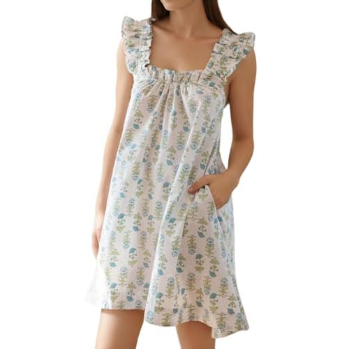 Sotimoon Womens Ruffle Nightgown Cotton Sleeveless Nightdress Soft Printed Night gown with Pockets