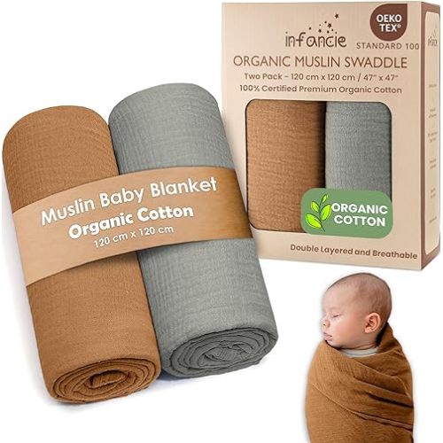 Organic Cotton Muslin Baby Blanket - 47x47 Inch Breathable Swaddle, Hypoallergenic Double-Layer, Versatile Use (Gold/Sage, 47x47 Inch)