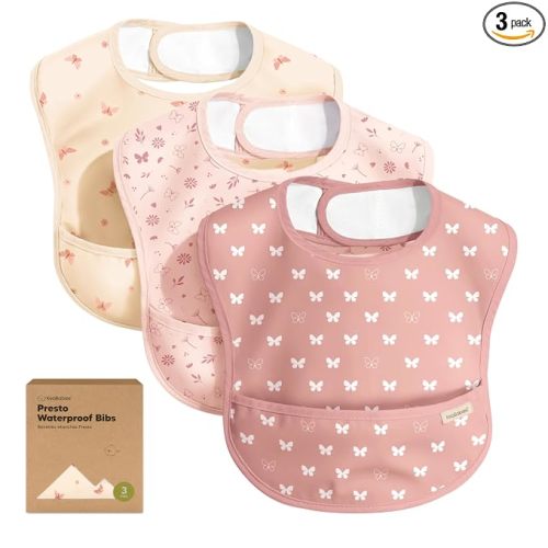 KeaBabies 3-Pack Waterproof Baby Bibs for Eating, Lightweight (Butterflies) | Toddler Feeding Bibs with Large Food Catcher, Mess Proof, Food-Grade, Baby Eating Essentials, Easy to Put On & Clean