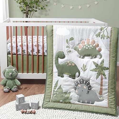 The Peanutshell 3 Piece Baby Crib Bedding Set for Boys - Newborn, Infant & Toddler Nursery Bed Set Decor with Fitted Crib Sheet, Dust Ruffle, Crib Comforter - Dinosaur Dreams