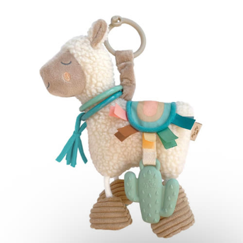 Itzy Ritzy Link & Love Toy for Stroller or Car Seat; Features Textured Ribbons, Crinkle Sounds, Clinking Rings & Silicone Teether; Designed For Ages 0 Months and Up (Llama)