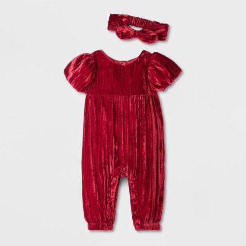 Baby Girls' Crinkle Velour Romper - Cat & Jack™ Dark Red 3-6m