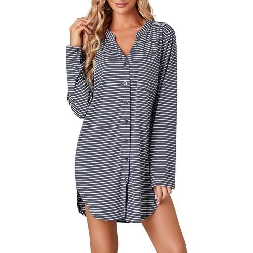 Vrtige Women's Striped Nightshirt Button Down Long Sleeve Nightdress Nightgown with Pocket