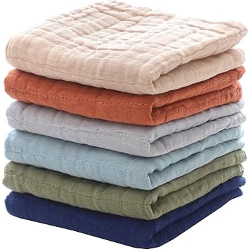 MUKIN Cotton Towel for Baby, Soft Face Cloths, Newborn Absorbent Bath Wipes, Muslin Washcloth Burp Cloths or Towels, Pack of 6, 12x12 inches (Multicolor)