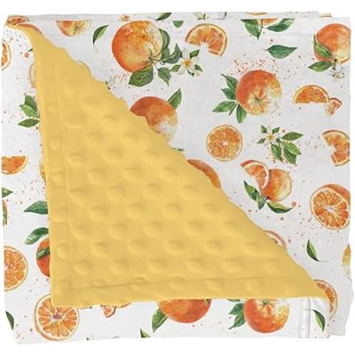 Watercolor Oranges Baby Blankets for Girl Boy Orange Branches Flowers Leaves Soft Mink Dotted Backing Double Layer Swaddle Receiving Blanket for Toddler Nursery Summer Citrus Fruit Bed Blanket 30x40